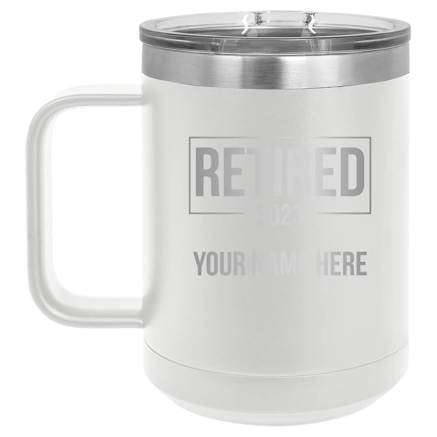 Personalized white 15 oz vacuum insulated coffee mug with 'Retired' design