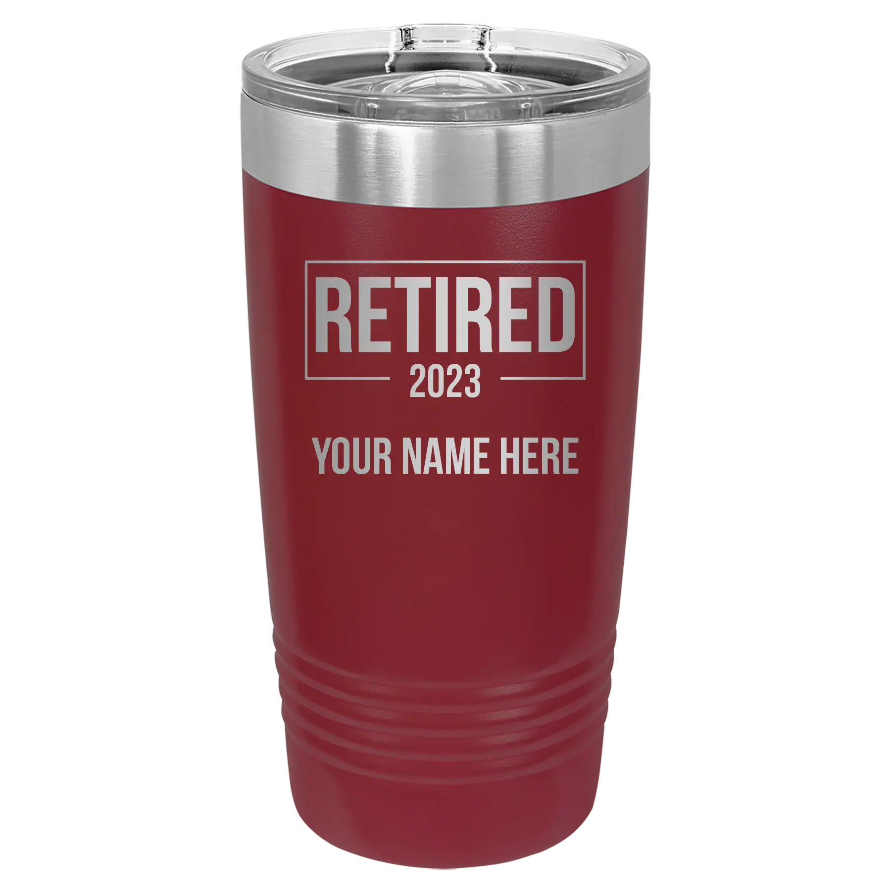 Personalized maroon 20 oz vacuum insulated tumbler with 'Retired' design