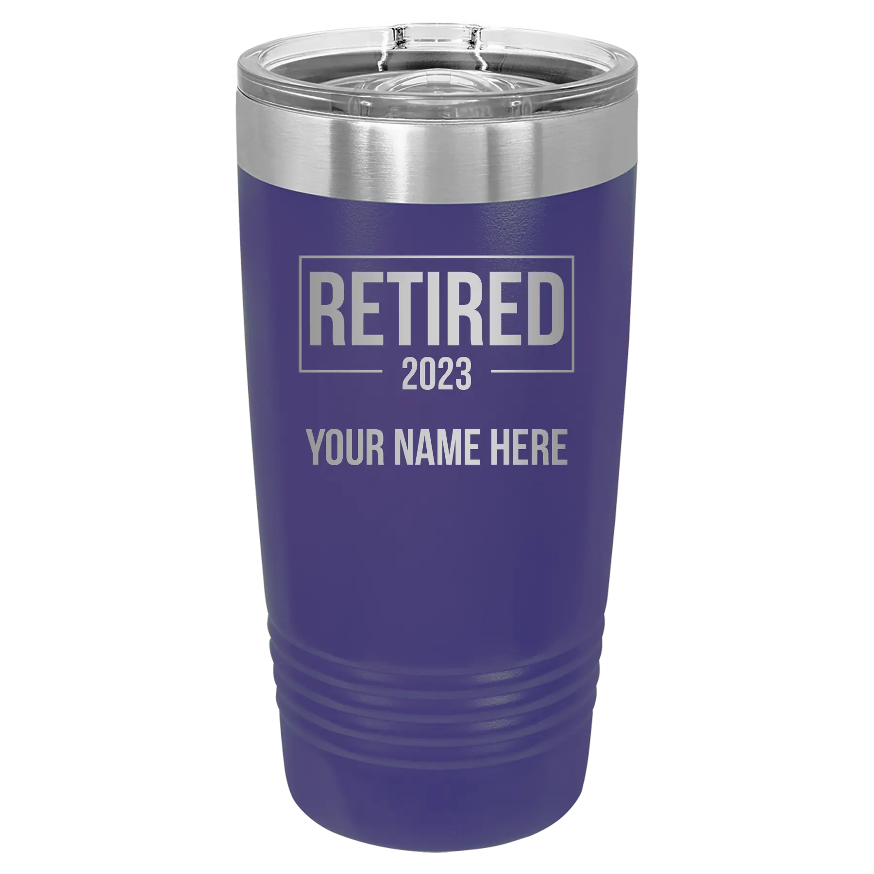Personalized purple 20 oz vacuum insulated tumbler with 'Retired' design