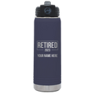 Personalized navy 20 oz vacuum insulated water bottle with 'Retired' design