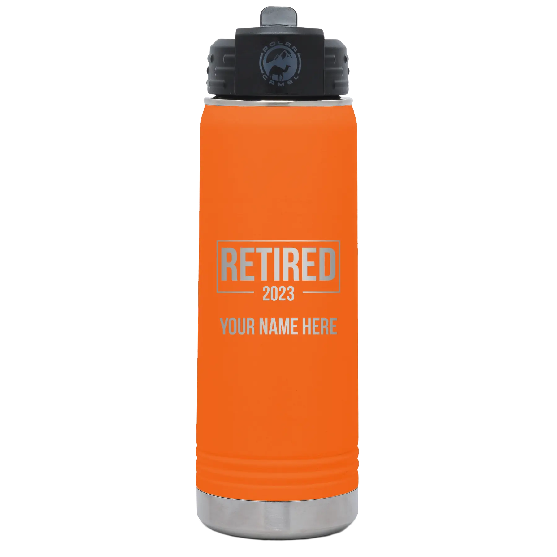 Personalized orange 20 oz vacuum insulated water bottle with 'Retired' design