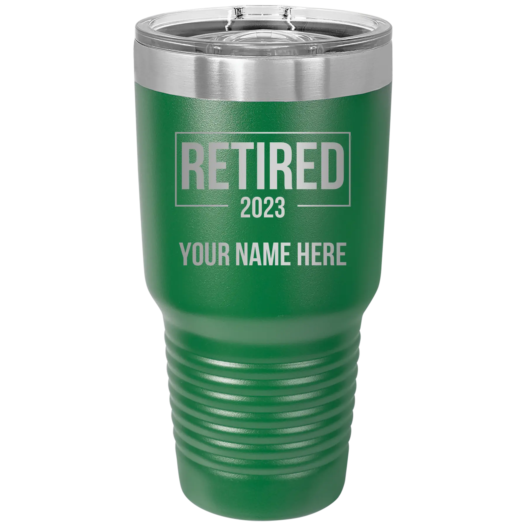 Personalized green 30 oz vacuum insulated tumbler with 'Retired' design
