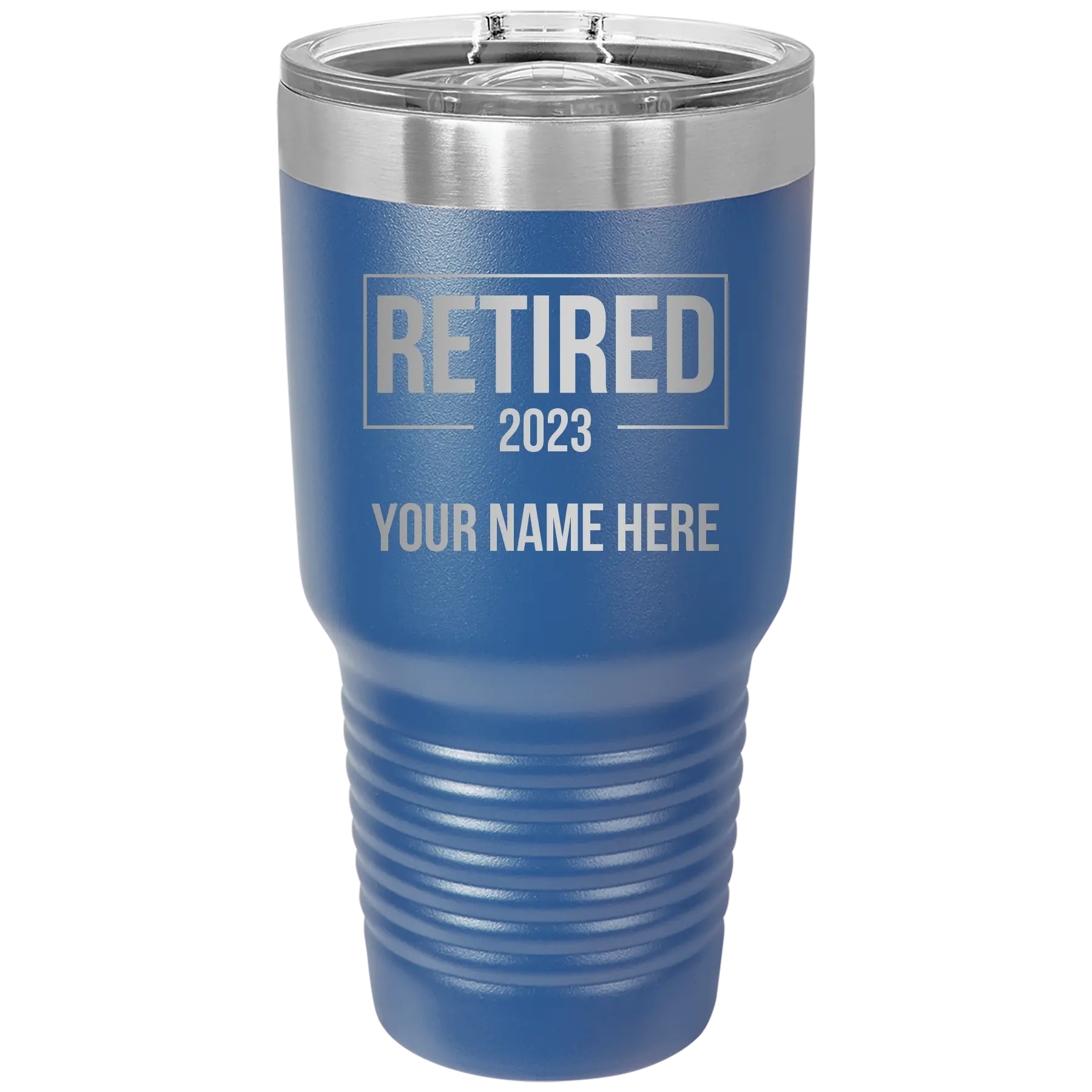 Personalized royal blue 30 oz vacuum insulated tumbler with 'Retired' design