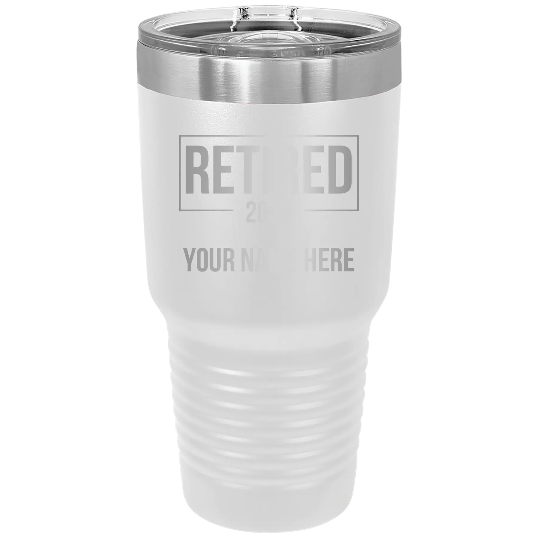 Personalized white 30 oz vacuum insulated tumbler with 'Retired' design