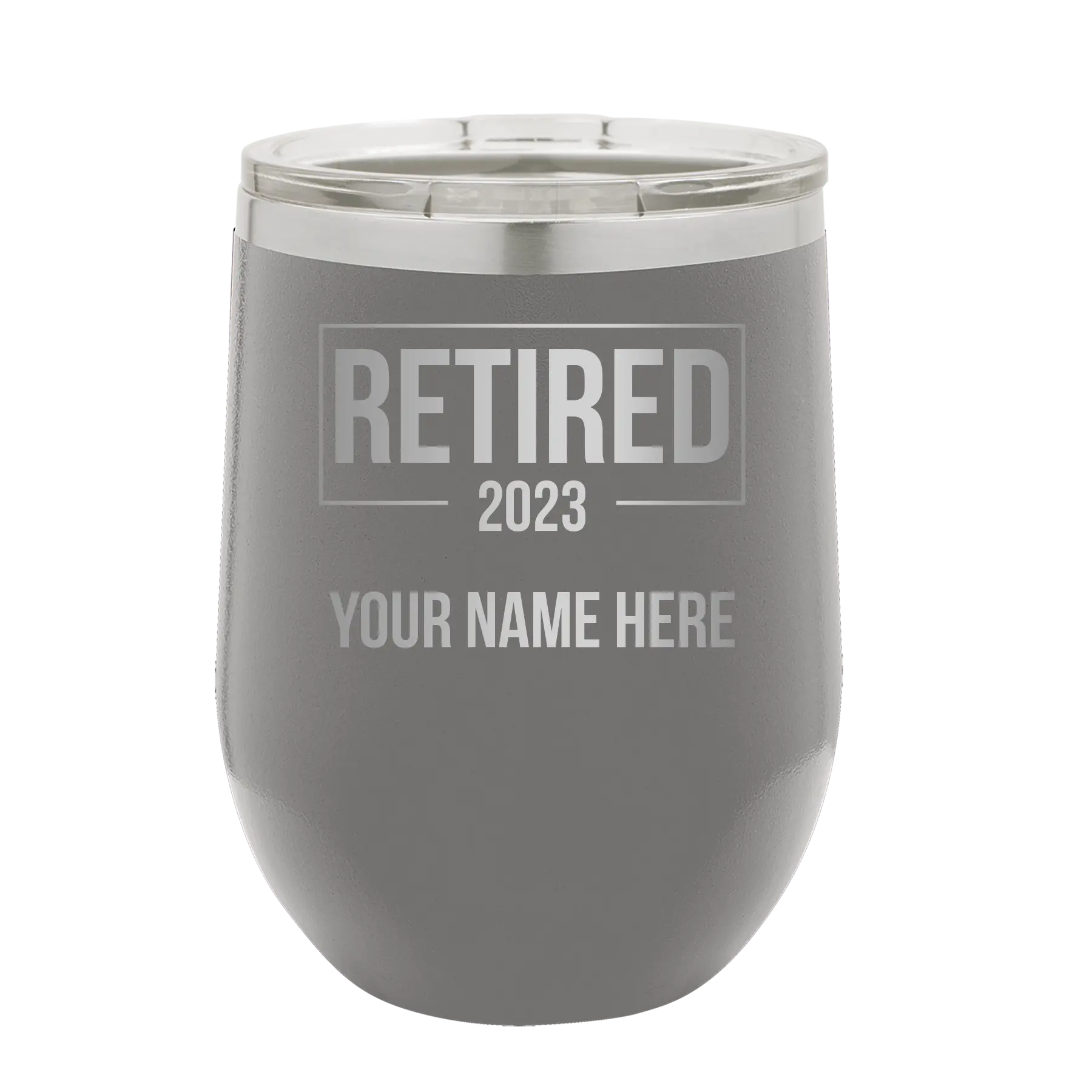 Personalized dark gray 12 oz vacuum insulated wine cup with 'Retired' design