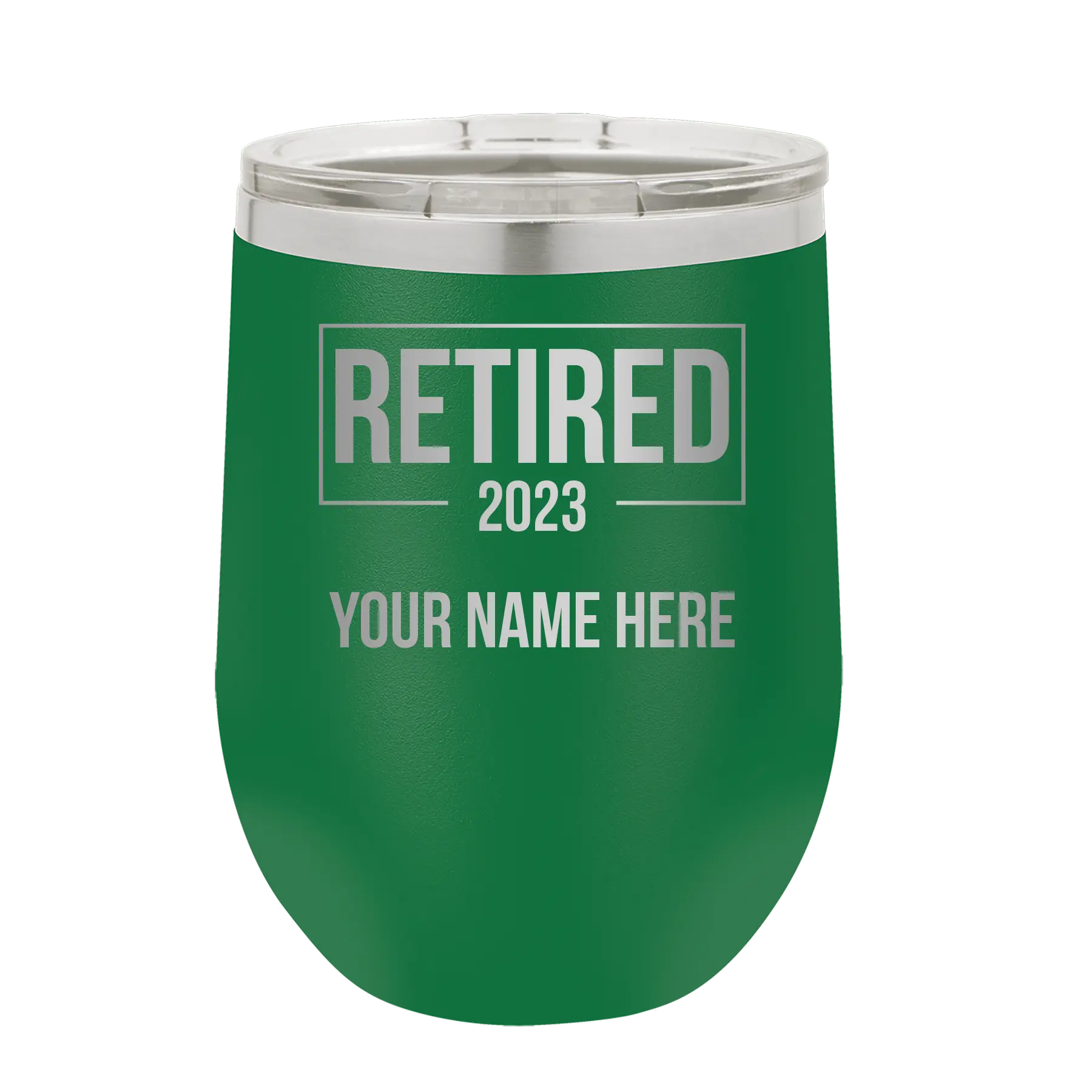 Personalized green 12 oz vacuum insulated wine cup with 'Retired' design