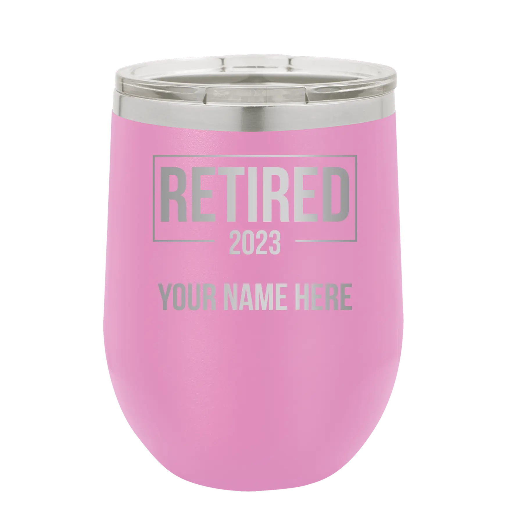 Personalized light purple 12 oz vacuum insulated wine cup with 'Retired' design