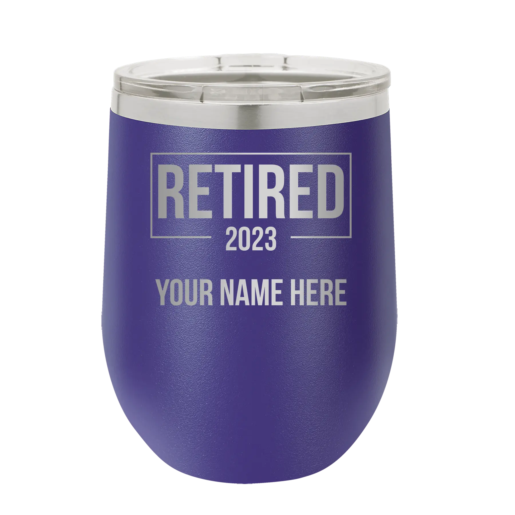 Personalized purple 12 oz vacuum insulated wine cup with 'Retired' design
