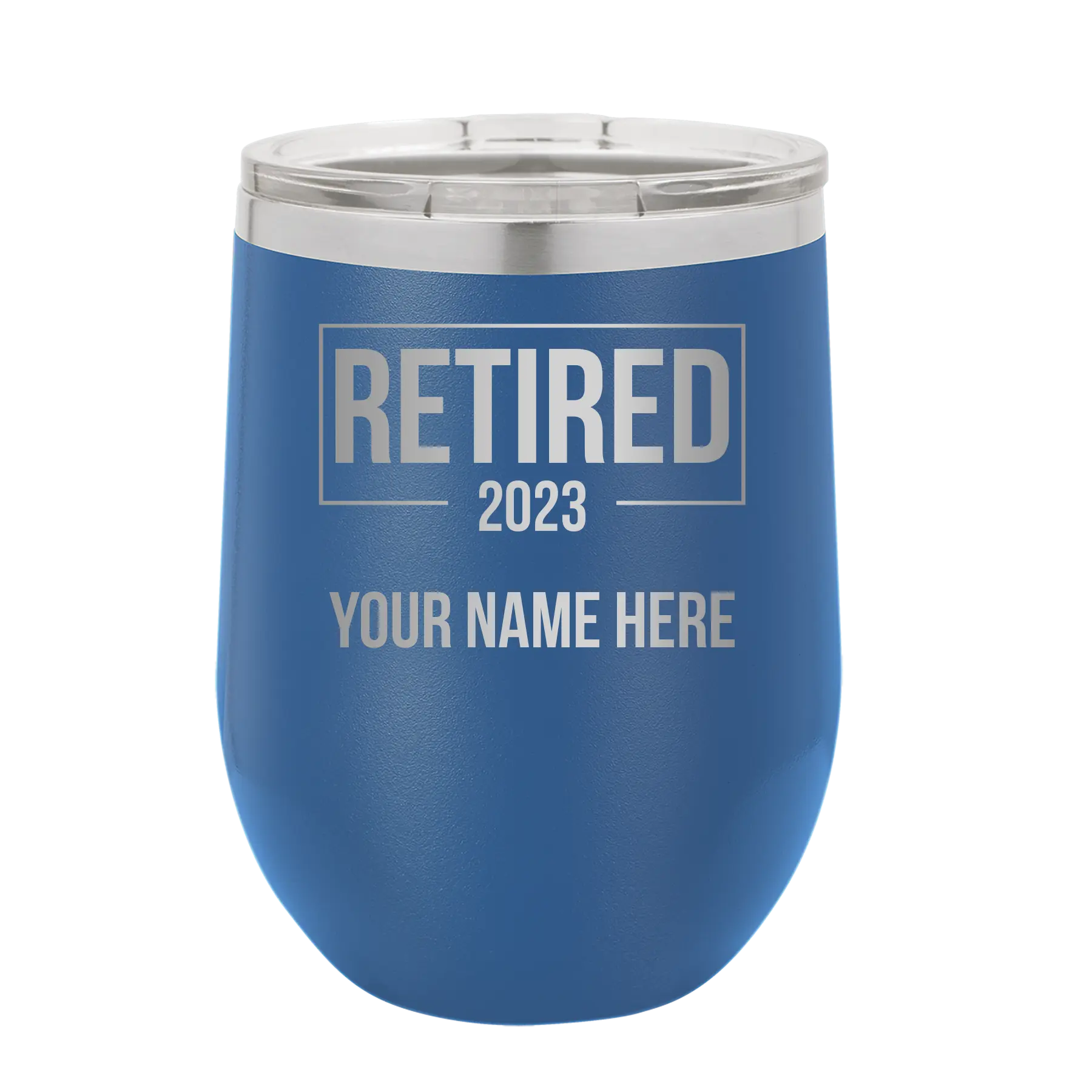 Personalized royal blue 12 oz vacuum insulated wine cup with 'Retired' design