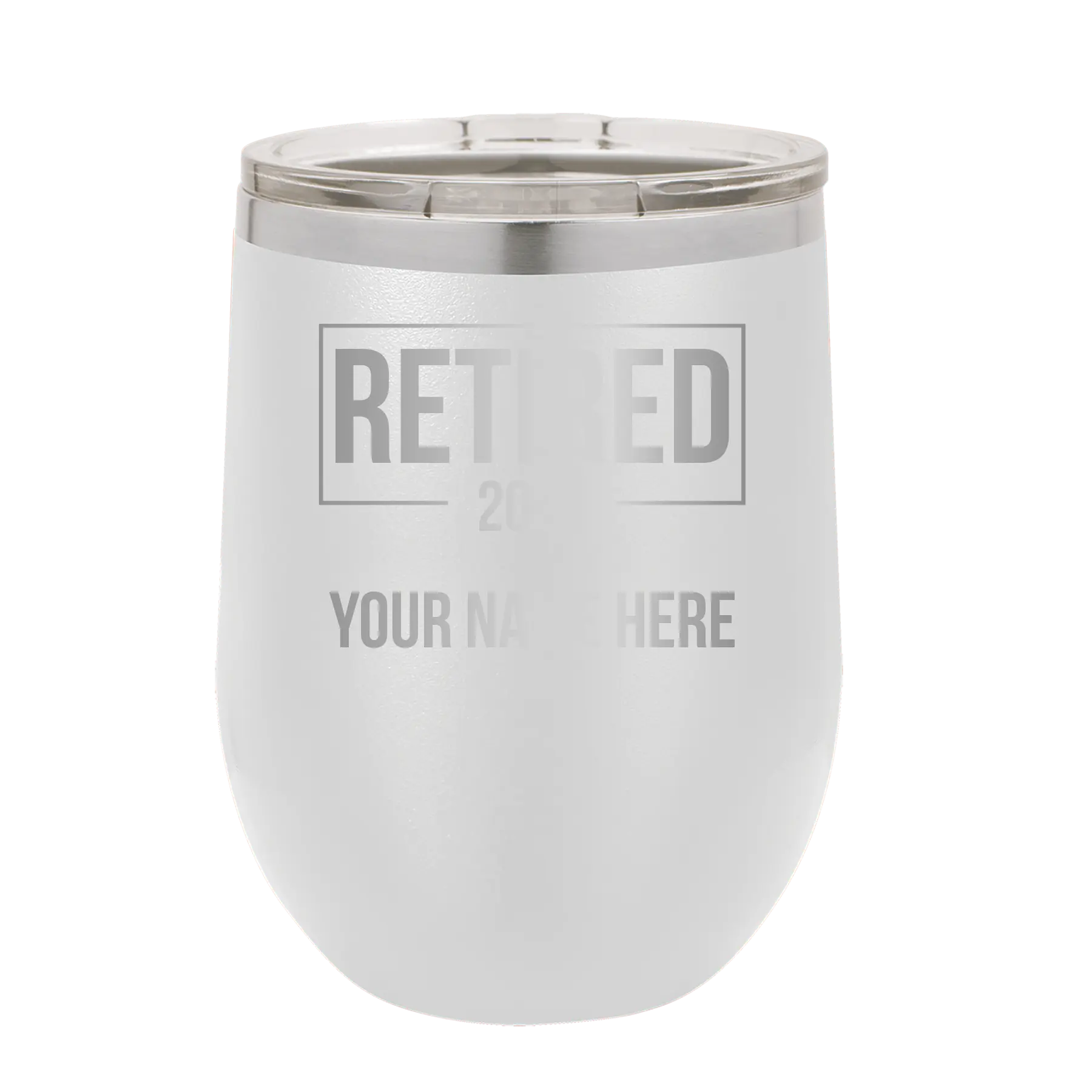 Personalized white 12 oz vacuum insulated wine cup with 'Retired' design