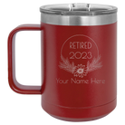 Personalized maroon 15 oz vacuum insulated coffee mug with 'Retired Floral' design