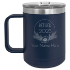 Personalized navy 15 oz vacuum insulated coffee mug with 'Retired Floral' design