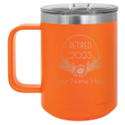 Personalized orange 15 oz vacuum insulated coffee mug with 'Retired Floral' design
