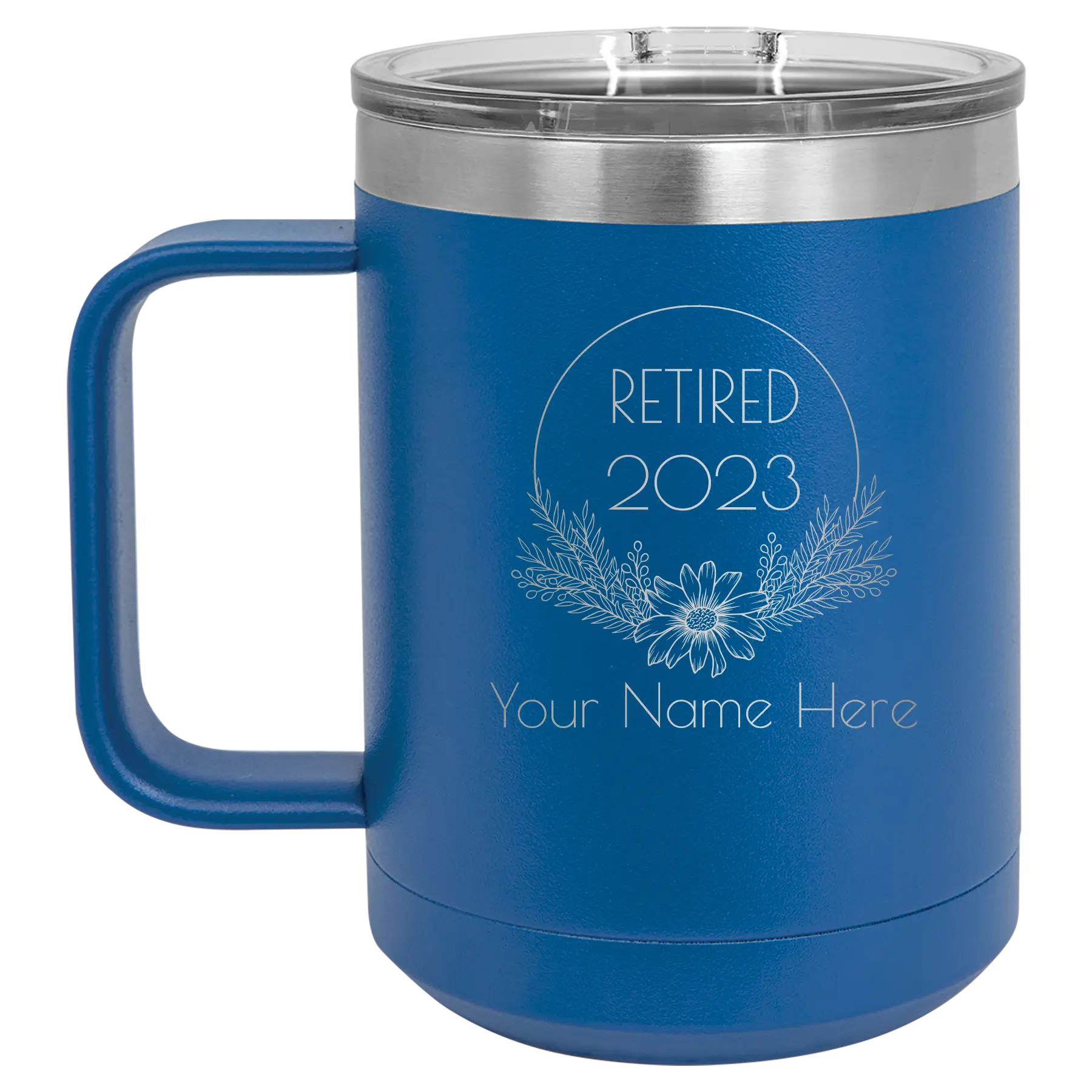 Personalized royal blue 15 oz vacuum insulated coffee mug with 'Retired Floral' design