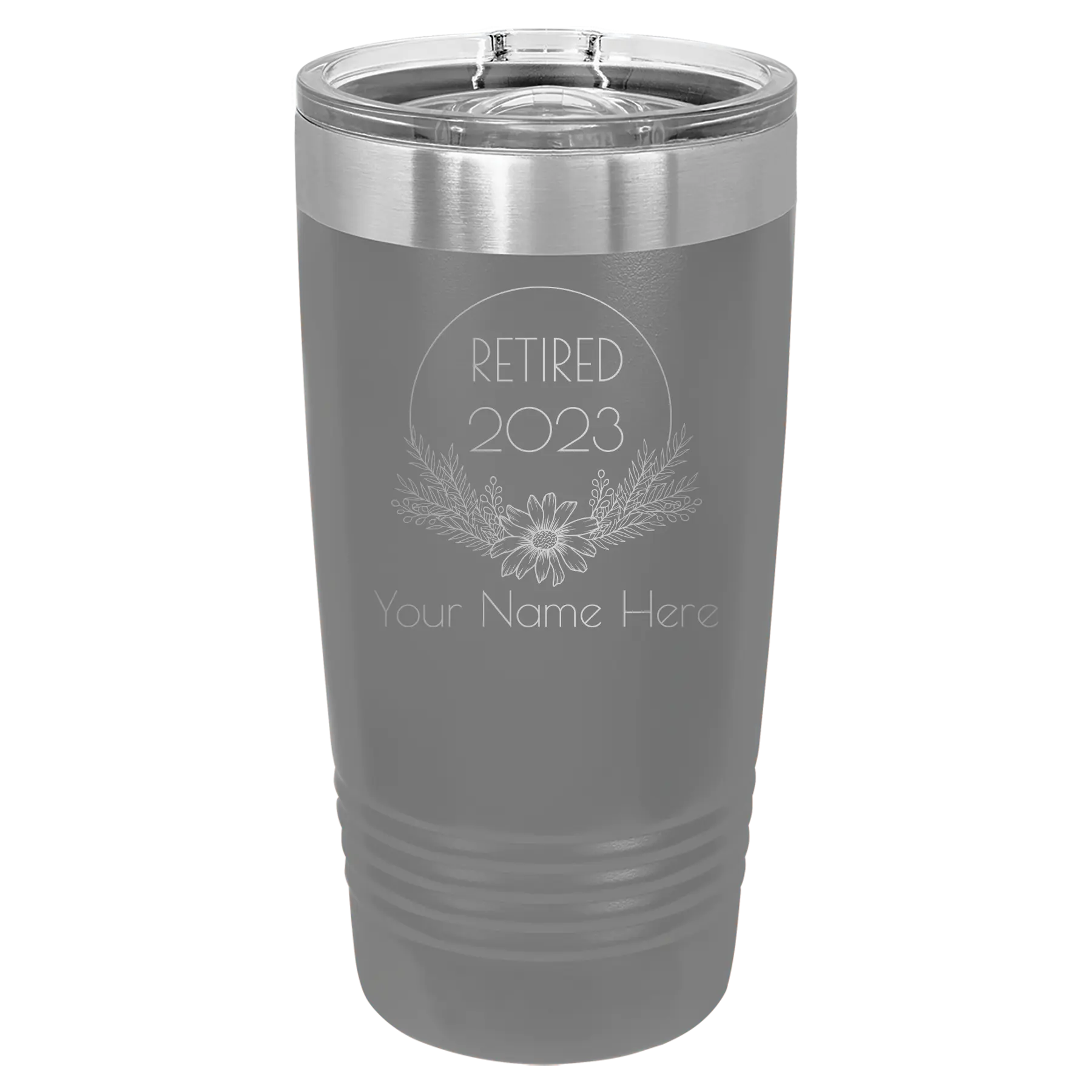 Personalized dark gray 20 oz vacuum insulated tumbler with 'Retired Floral' design