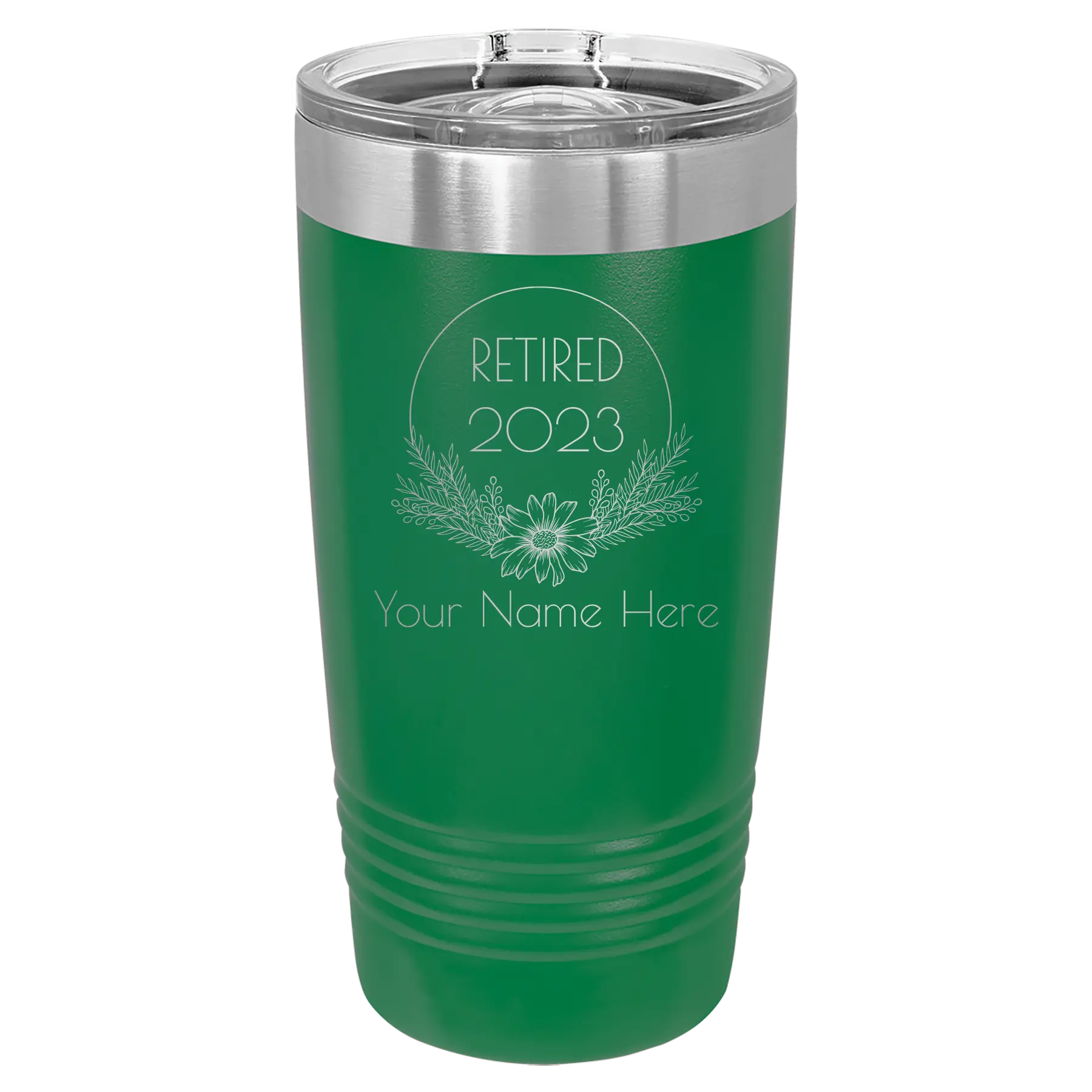 Personalized green 20 oz vacuum insulated tumbler with 'Retired Floral' design