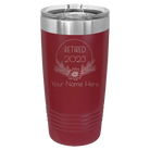 Personalized maroon 20 oz vacuum insulated tumbler with 'Retired Floral' design