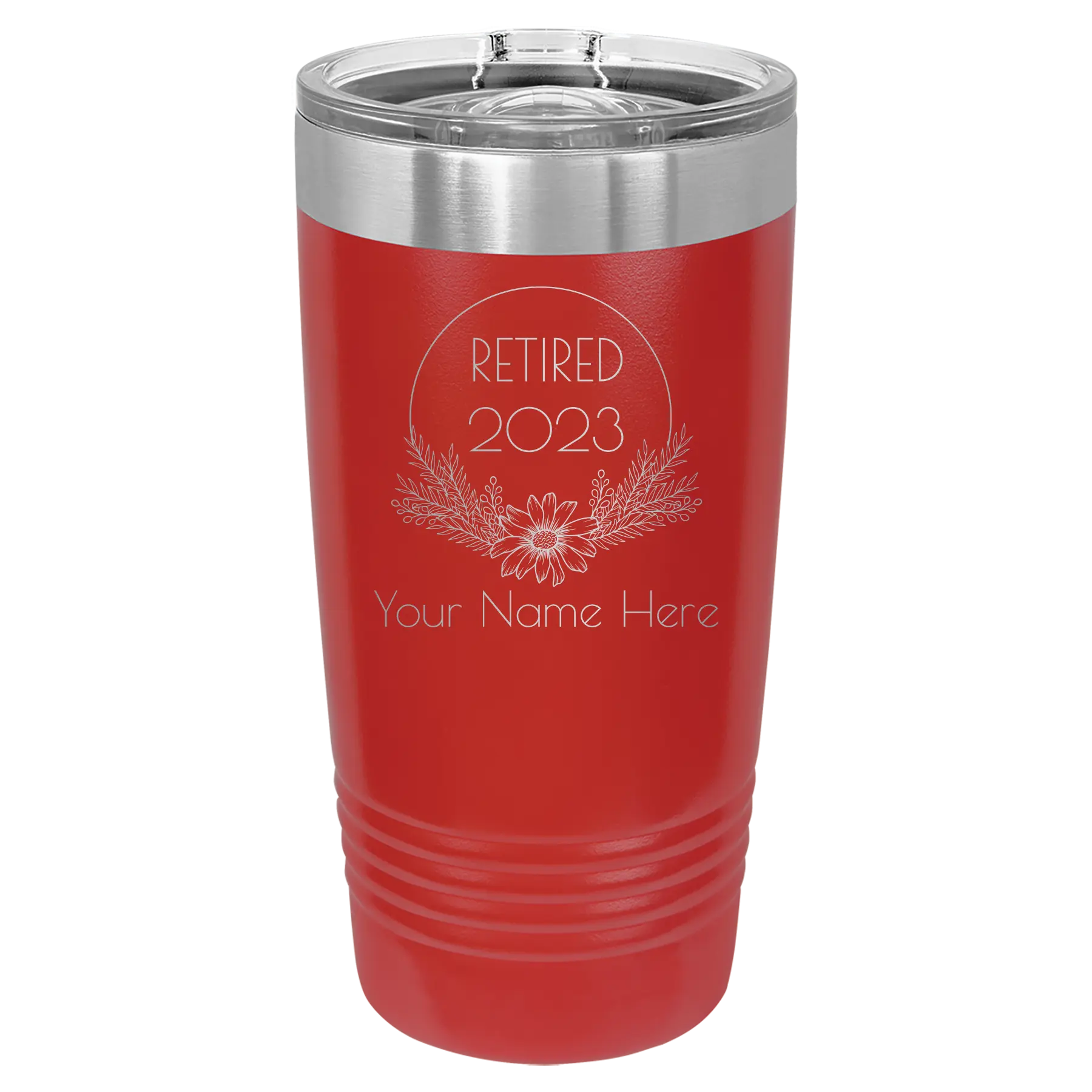 Personalized red 20 oz vacuum insulated tumbler with 'Retired Floral' design