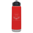 Personalized red 20 oz vacuum insulated water bottle with 'Retired Floral' design