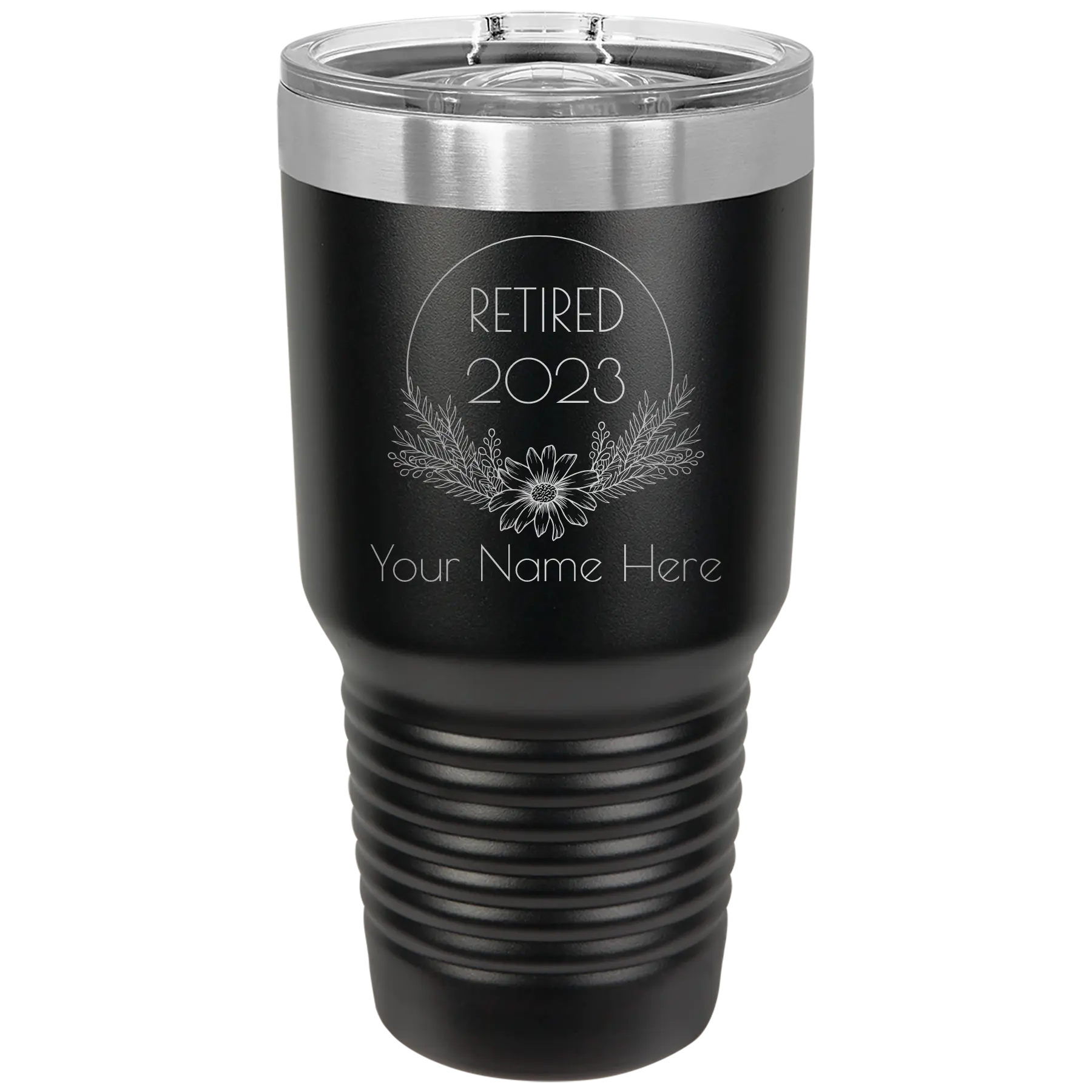 Personalized black 30 oz vacuum insulated tumbler with 'Retired Floral' design
