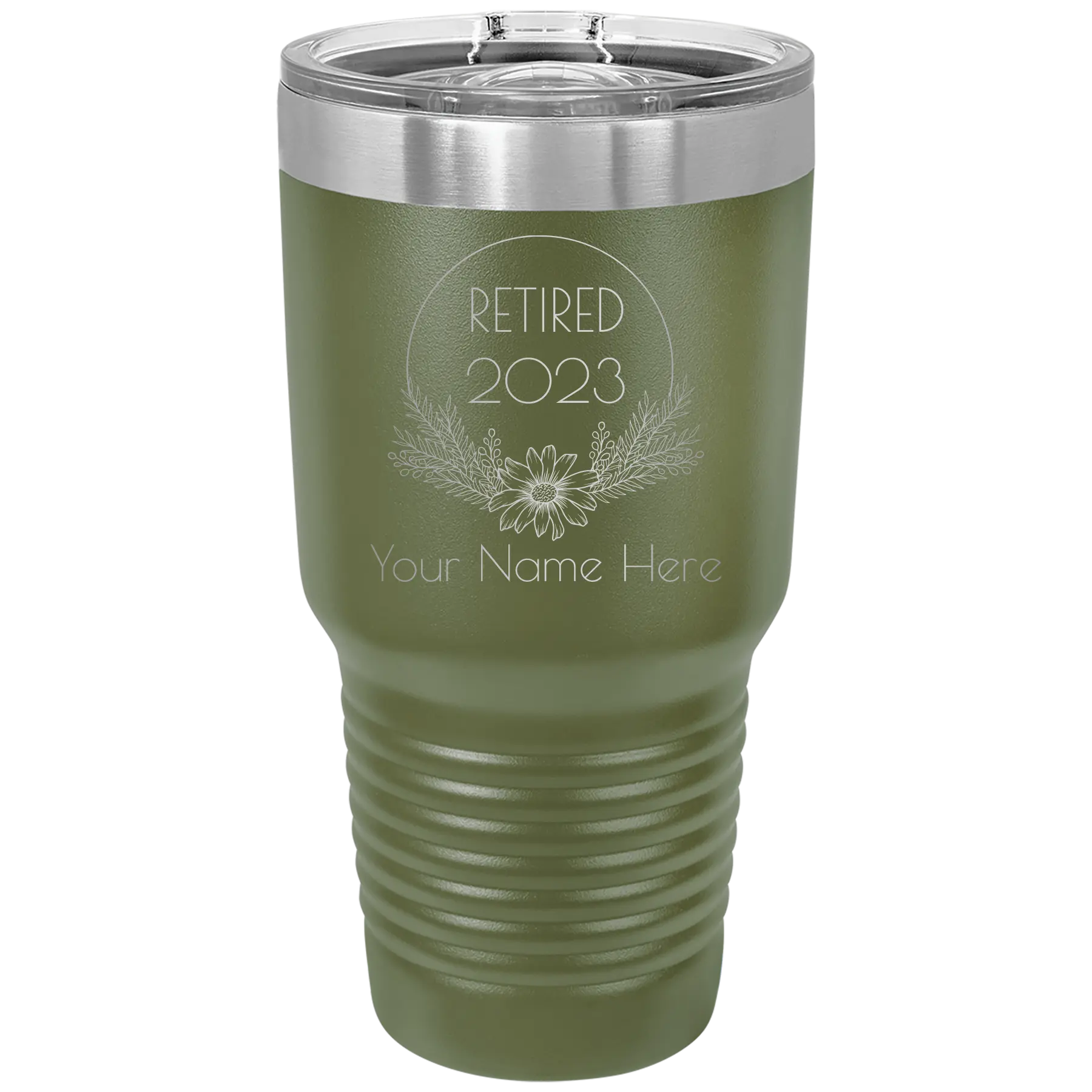 Personalized olive green 30 oz vacuum insulated tumbler with 'Retired Floral' design