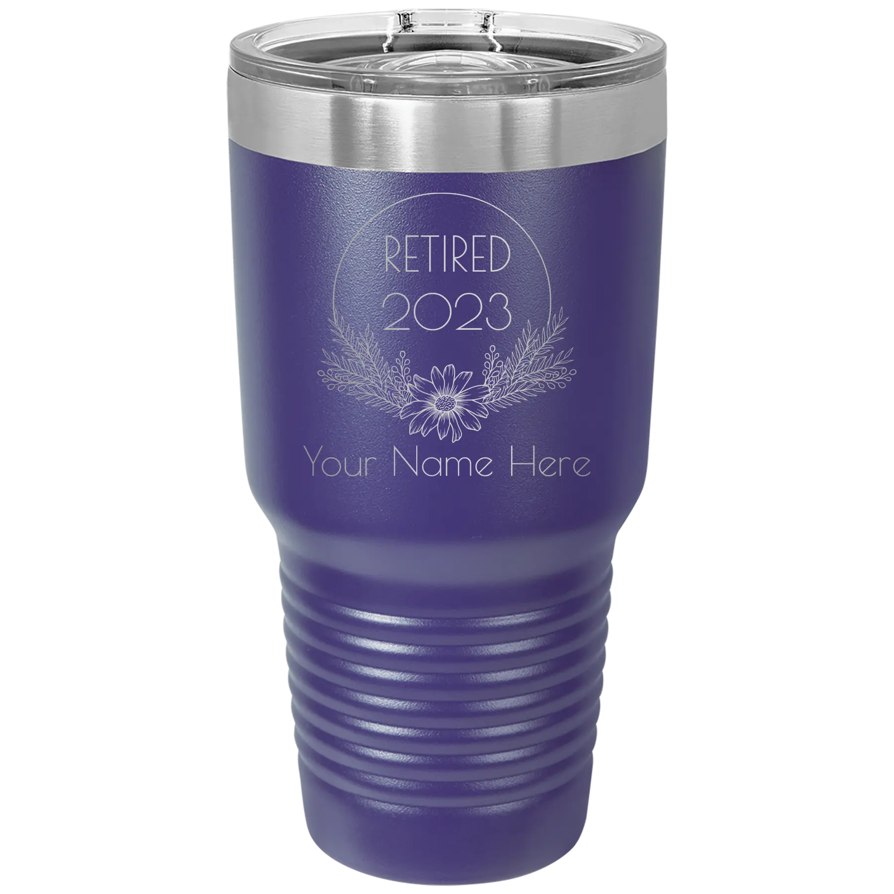 Personalized purple 30 oz vacuum insulated tumbler with 'Retired Floral' design