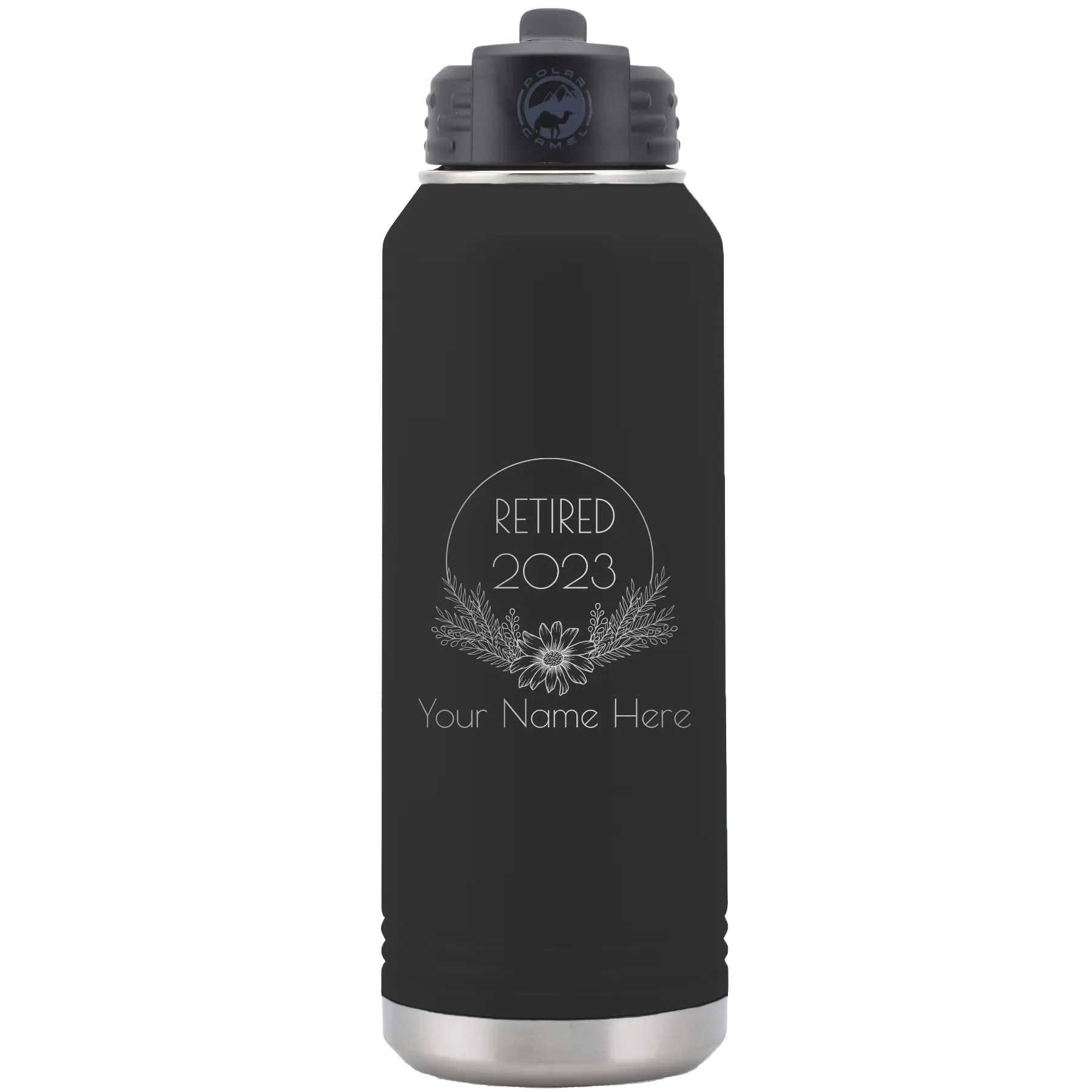 Personalized black 32 oz vacuum insulated water bottle with 'Retired Floral' design
