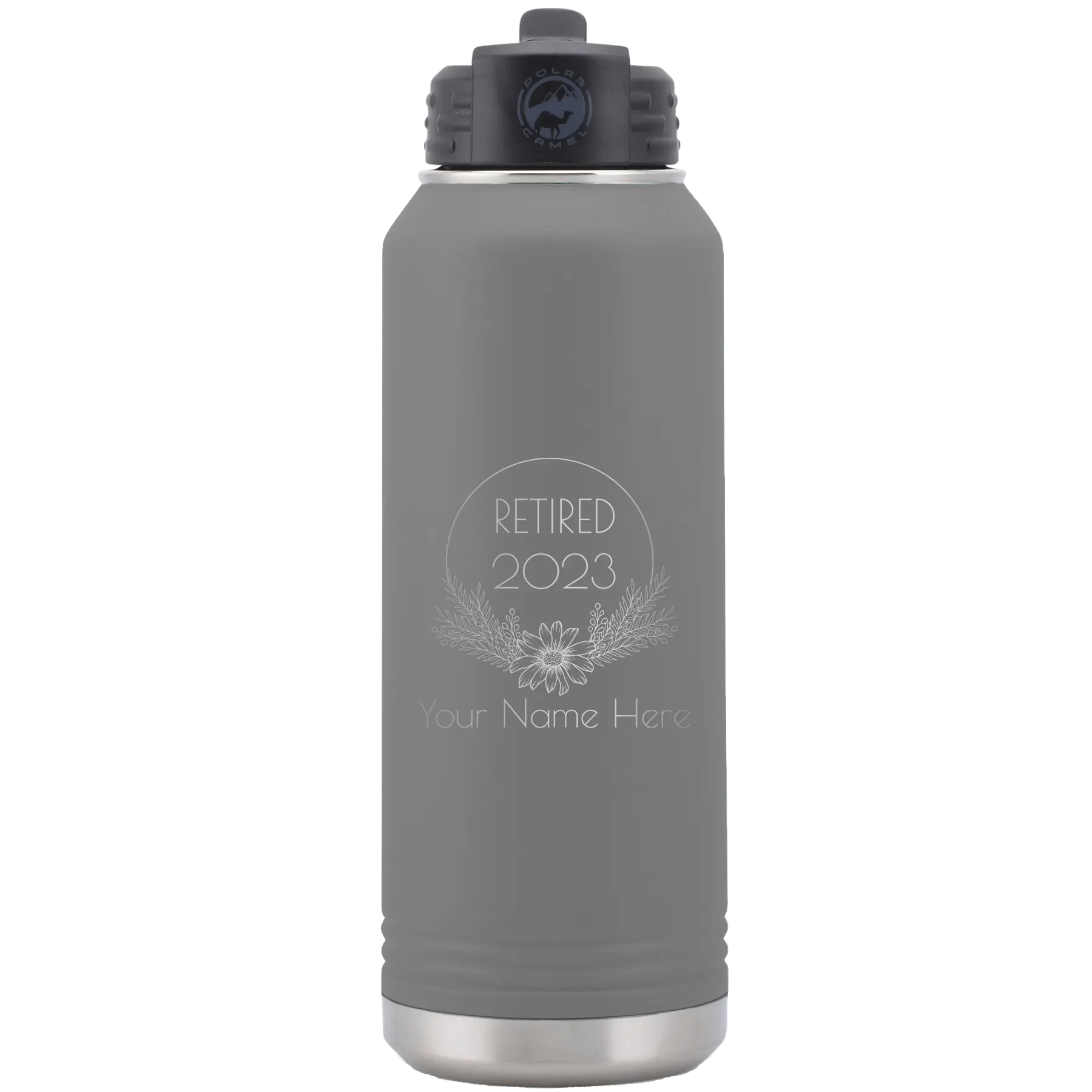 Personalized dark gray 32 oz vacuum insulated water bottle with 'Retired Floral' design
