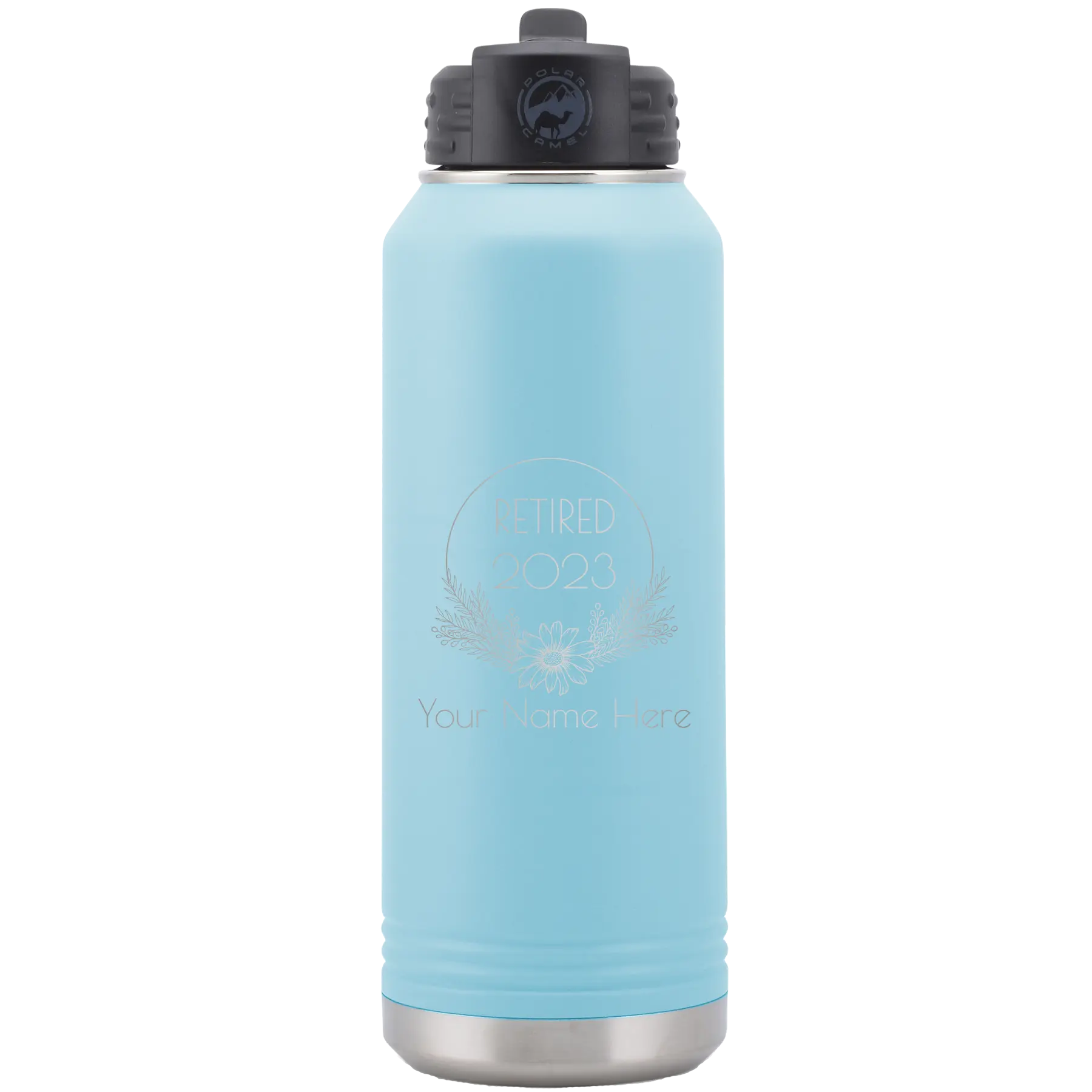 Personalized light blue 32 oz vacuum insulated water bottle with 'Retired Floral' design