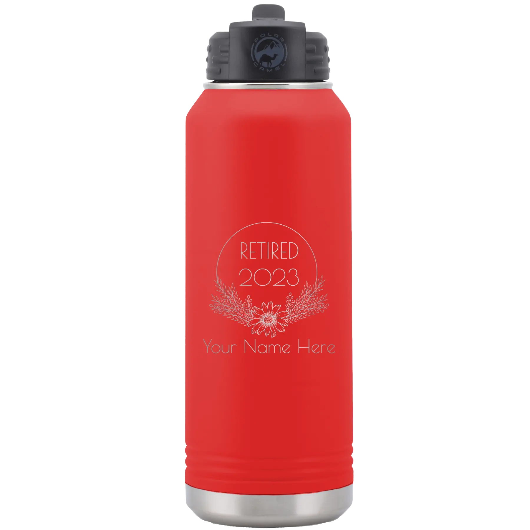 Personalized red 32 oz vacuum insulated water bottle with 'Retired Floral' design