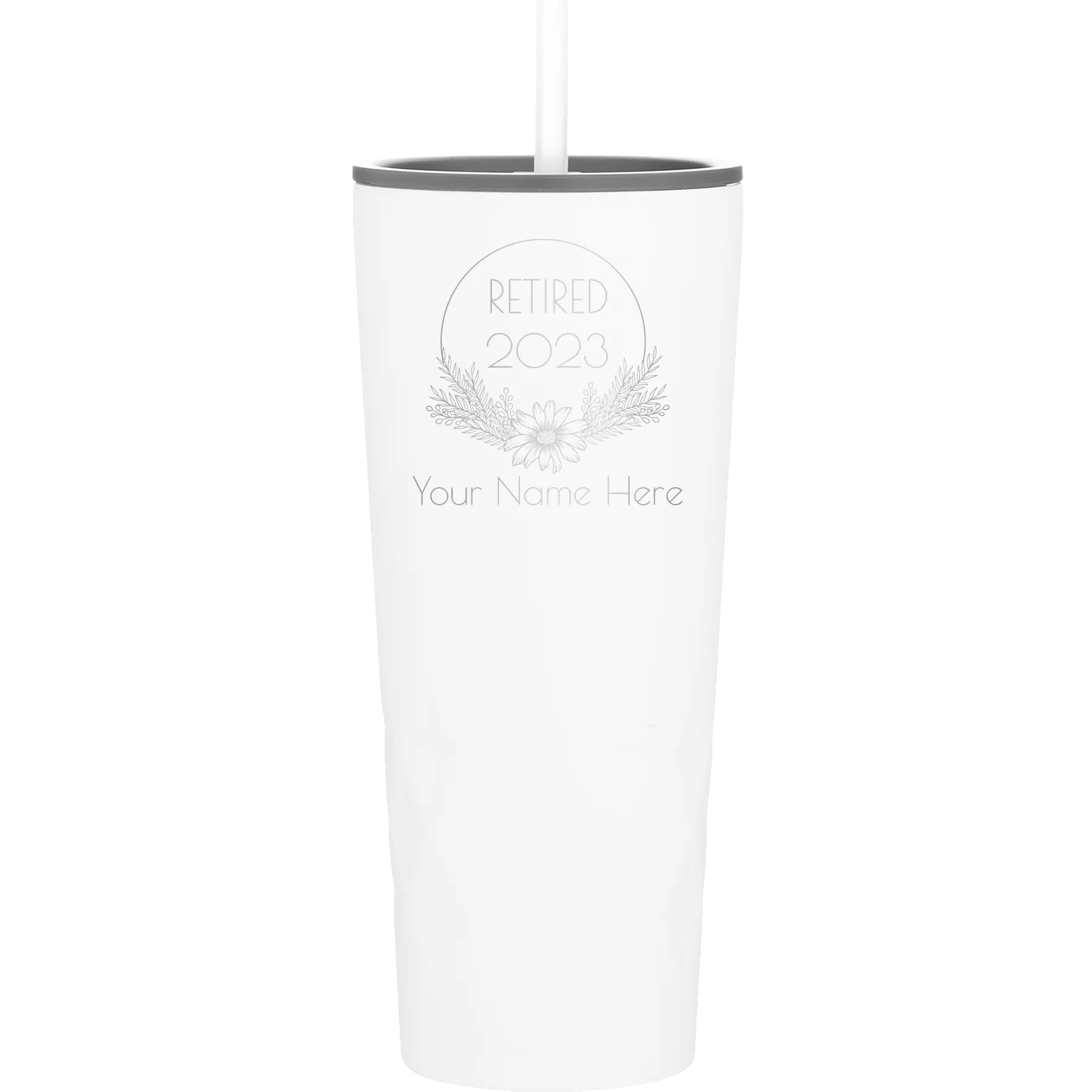Personalized white 20 oz vacuum insulated tumbler with 'Retired Floral' design