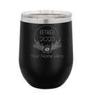 Personalized black 12 oz vacuum insulated wine cup with 'Retired Floral' design