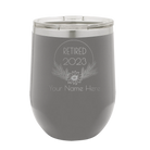 Personalized dark gray 12 oz vacuum insulated wine cup with 'Retired Floral' design