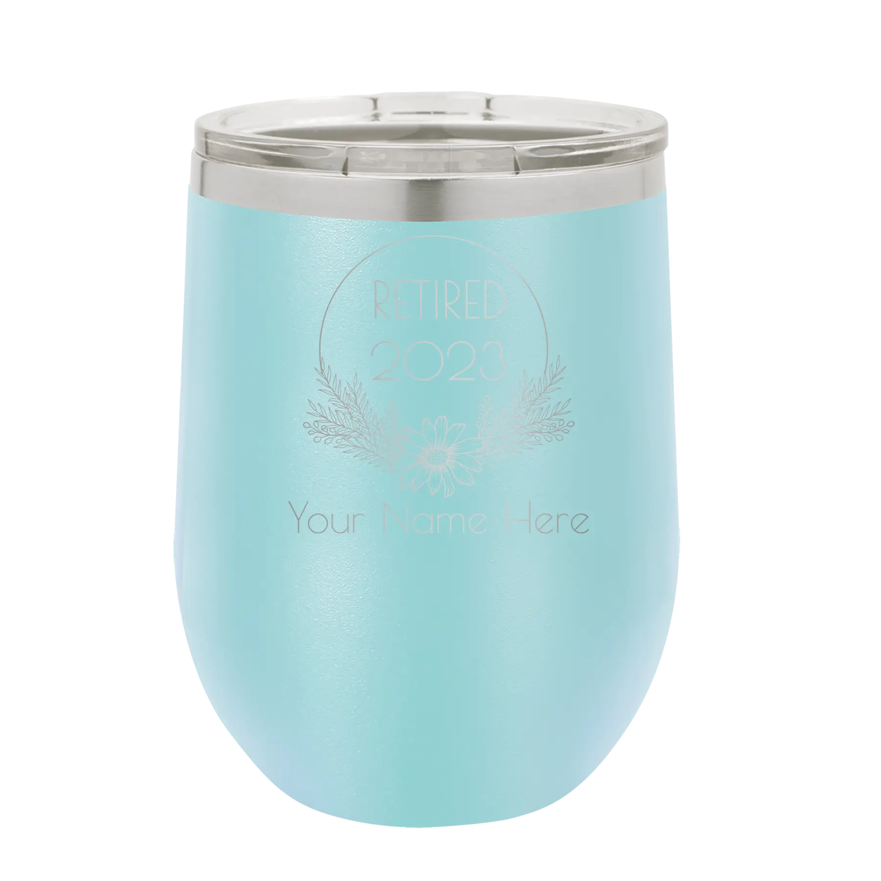 Personalized light blue 12 oz vacuum insulated wine cup with 'Retired Floral' design