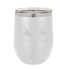 Personalized white 12 oz vacuum insulated wine cup with 'Retired Floral' design