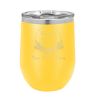 Personalized yellow 12 oz vacuum insulated wine cup with 'Retired Floral' design
