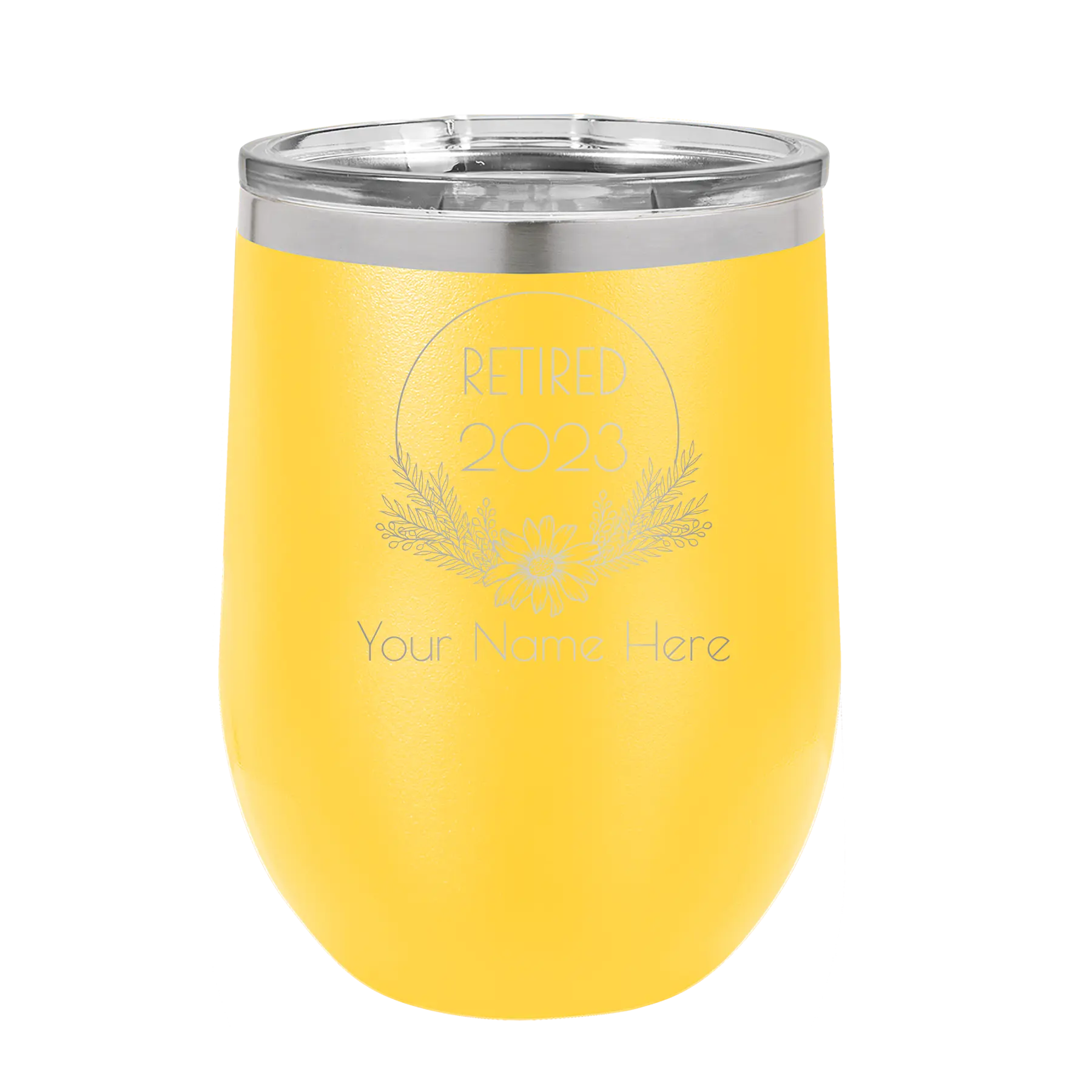 Personalized yellow 12 oz vacuum insulated wine cup with 'Retired Floral' design