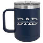 Personalized navy 15 oz vacuum insulated coffee mug with 'Dad' design
