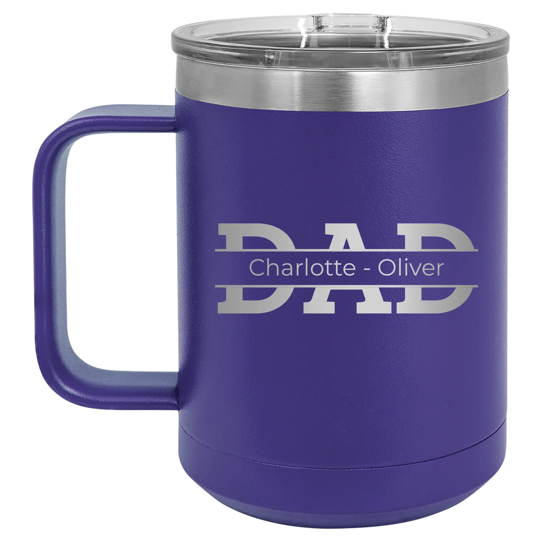 Personalized purple 15 oz vacuum insulated coffee mug with 'Dad' design