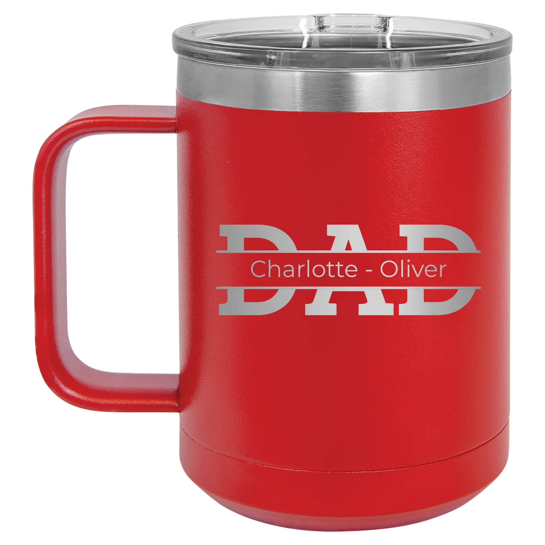 Personalized red 15 oz vacuum insulated coffee mug with 'Dad' design