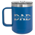 Personalized royal blue 15 oz vacuum insulated coffee mug with 'Dad' design