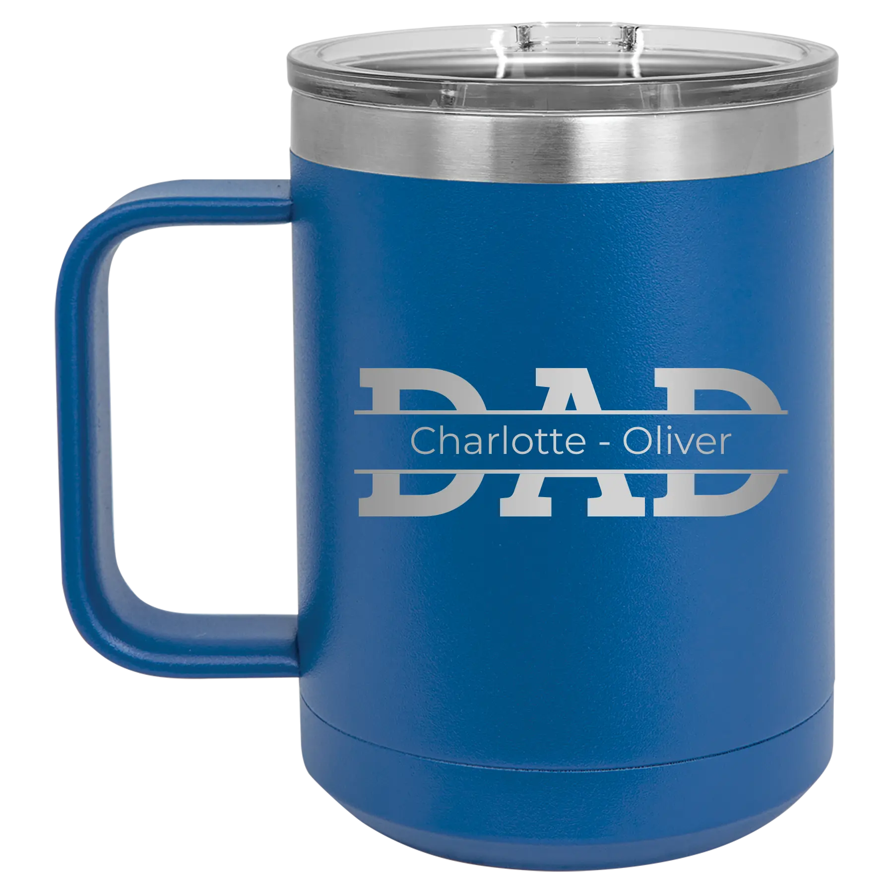 Personalized royal blue 15 oz vacuum insulated coffee mug with 'Dad' design