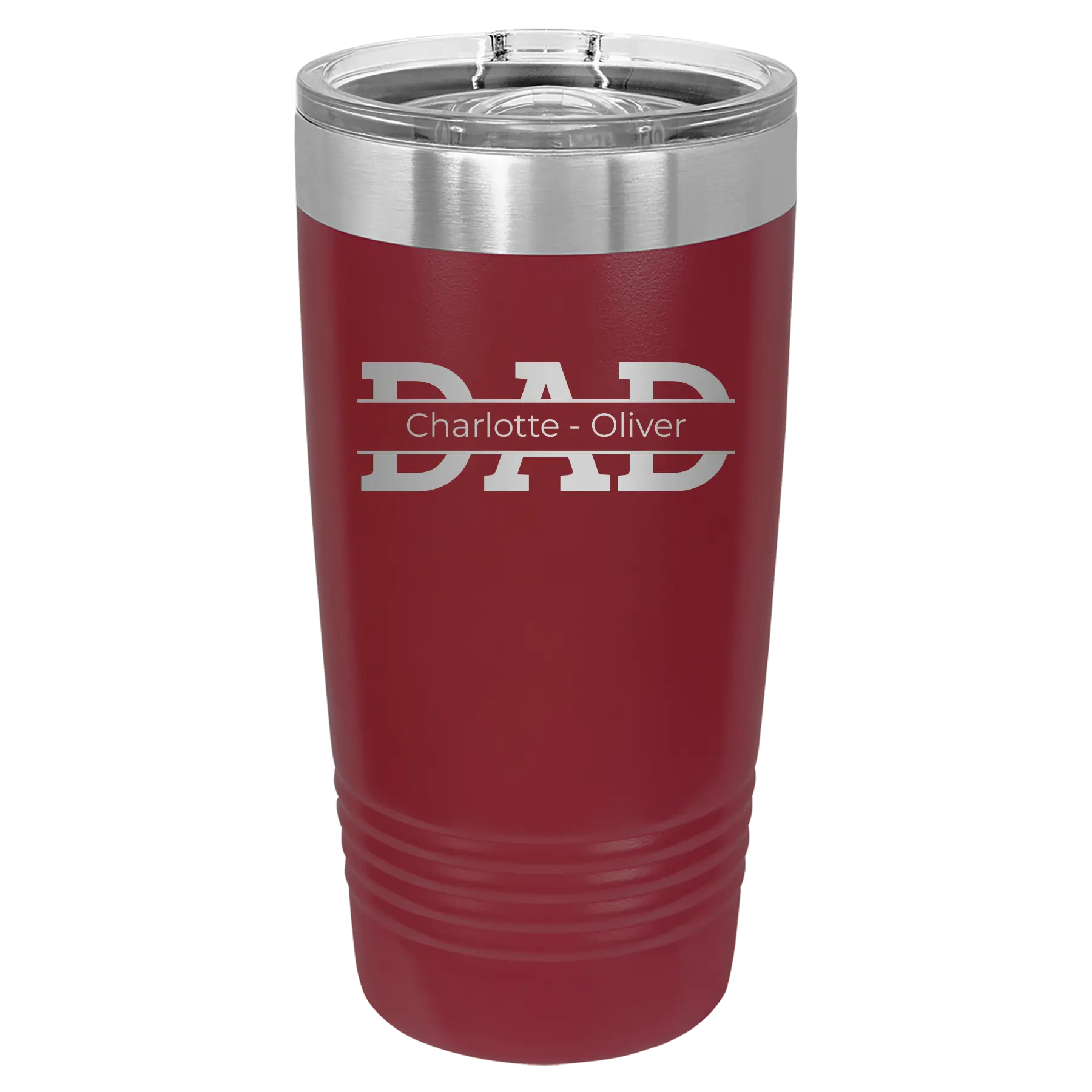 Personalized maroon 20 oz vacuum insulated tumbler with 'Dad' design