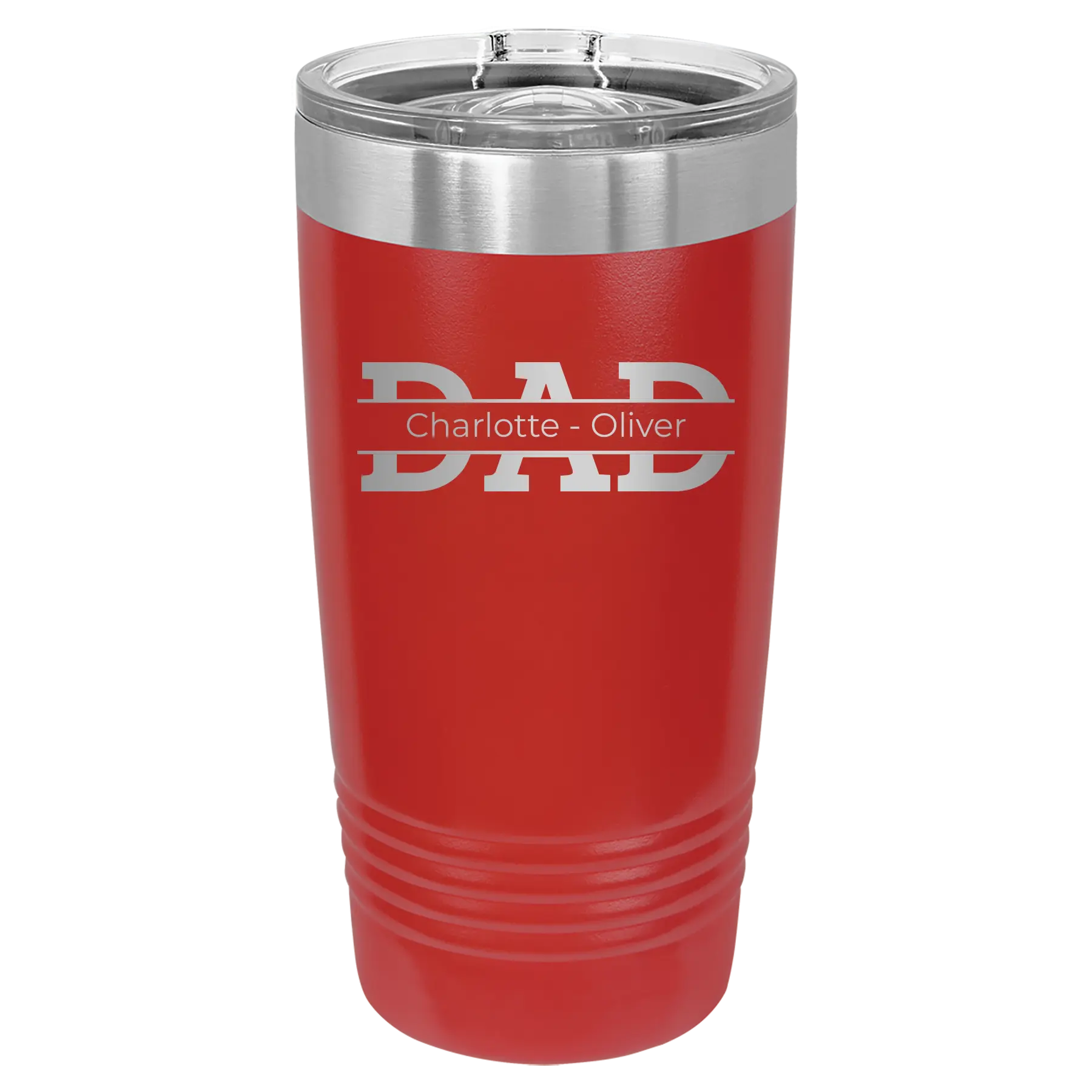 Personalized red 20 oz vacuum insulated tumbler with 'Dad' design