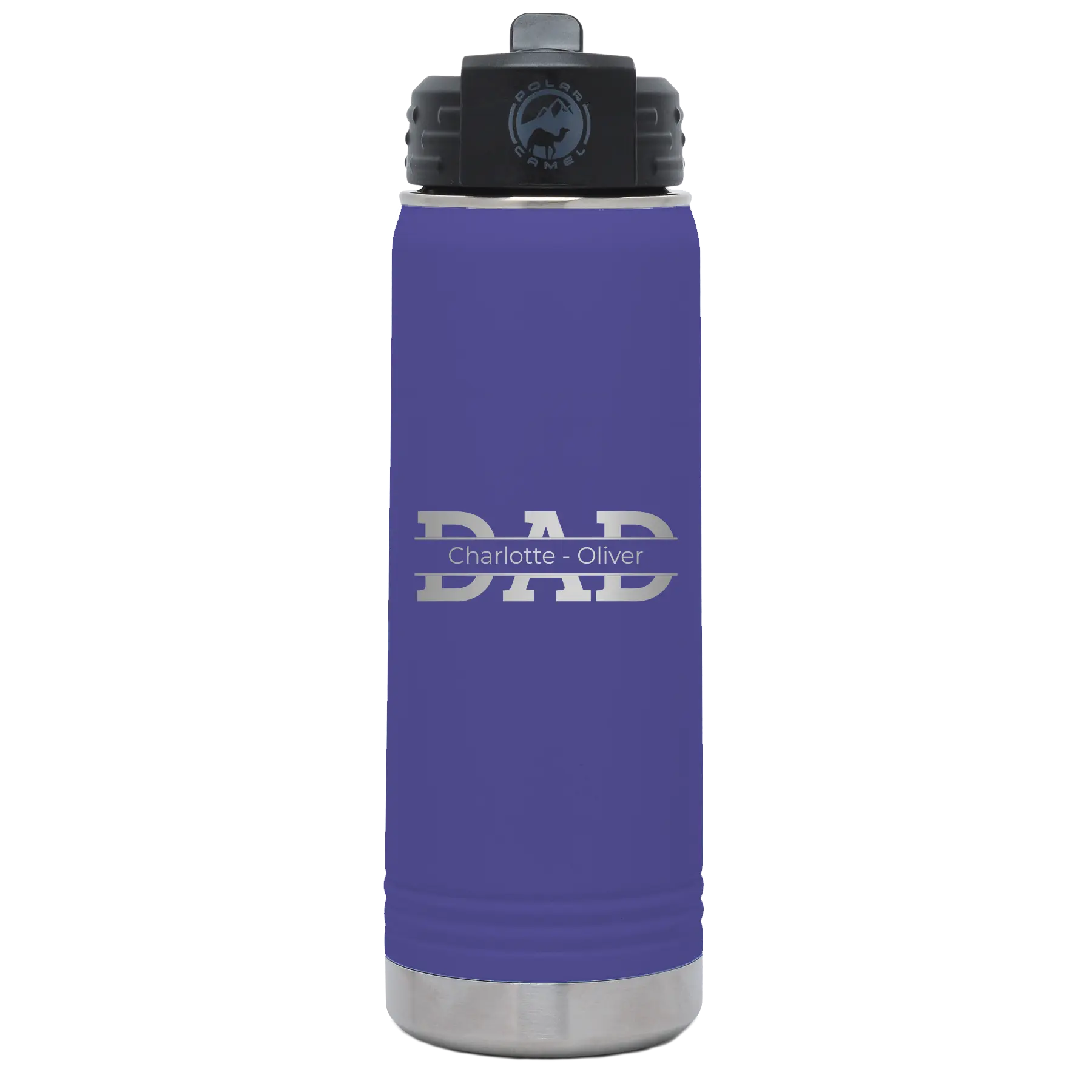 Personalized purple 20 oz vacuum insulated water bottle with 'Dad' design