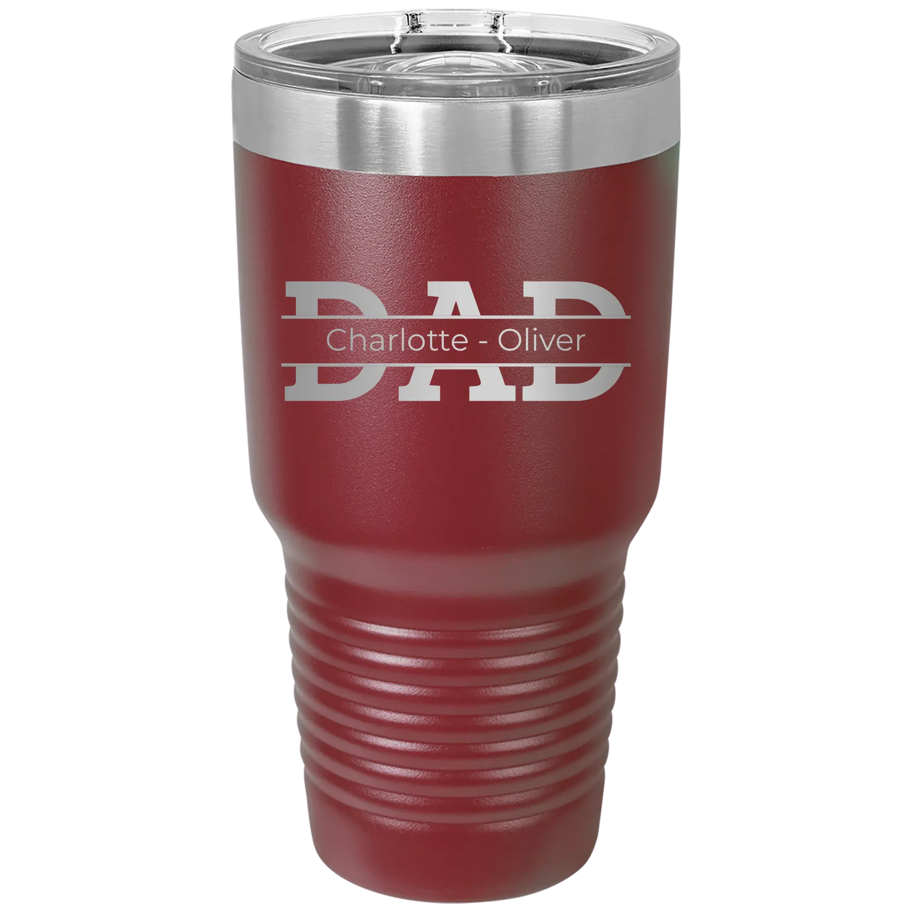 Personalized maroon 30 oz vacuum insulated tumbler with 'Dad' design