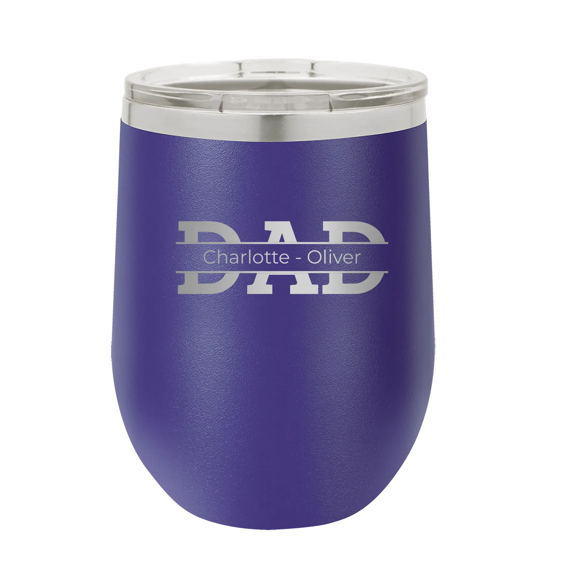Personalized purple 12 oz vacuum insulated wine cup with 'Dad' design