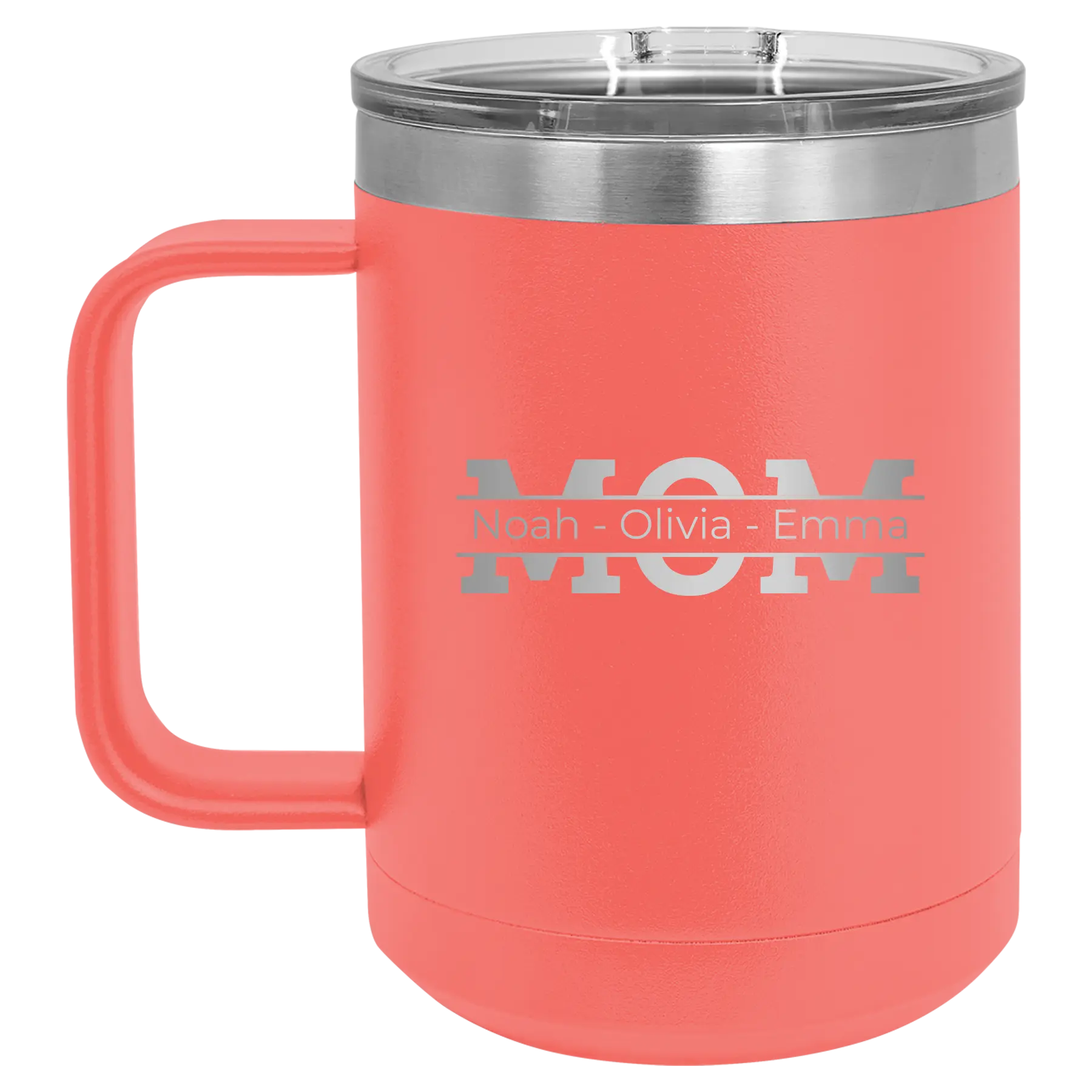 Personalized coral 15 oz vacuum insulated coffee mug with 'Mom' design