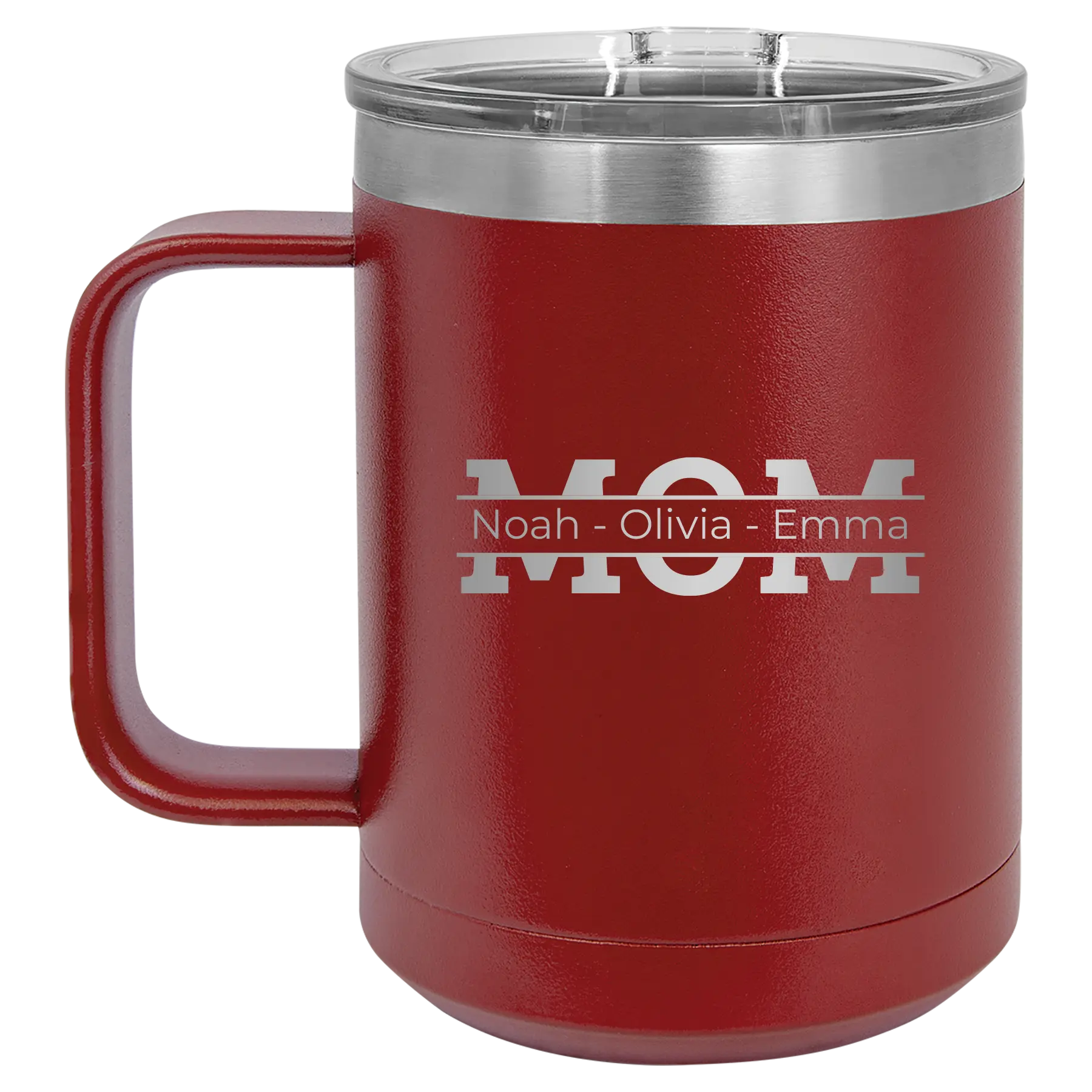 Personalized maroon 15 oz vacuum insulated coffee mug with 'Mom' design