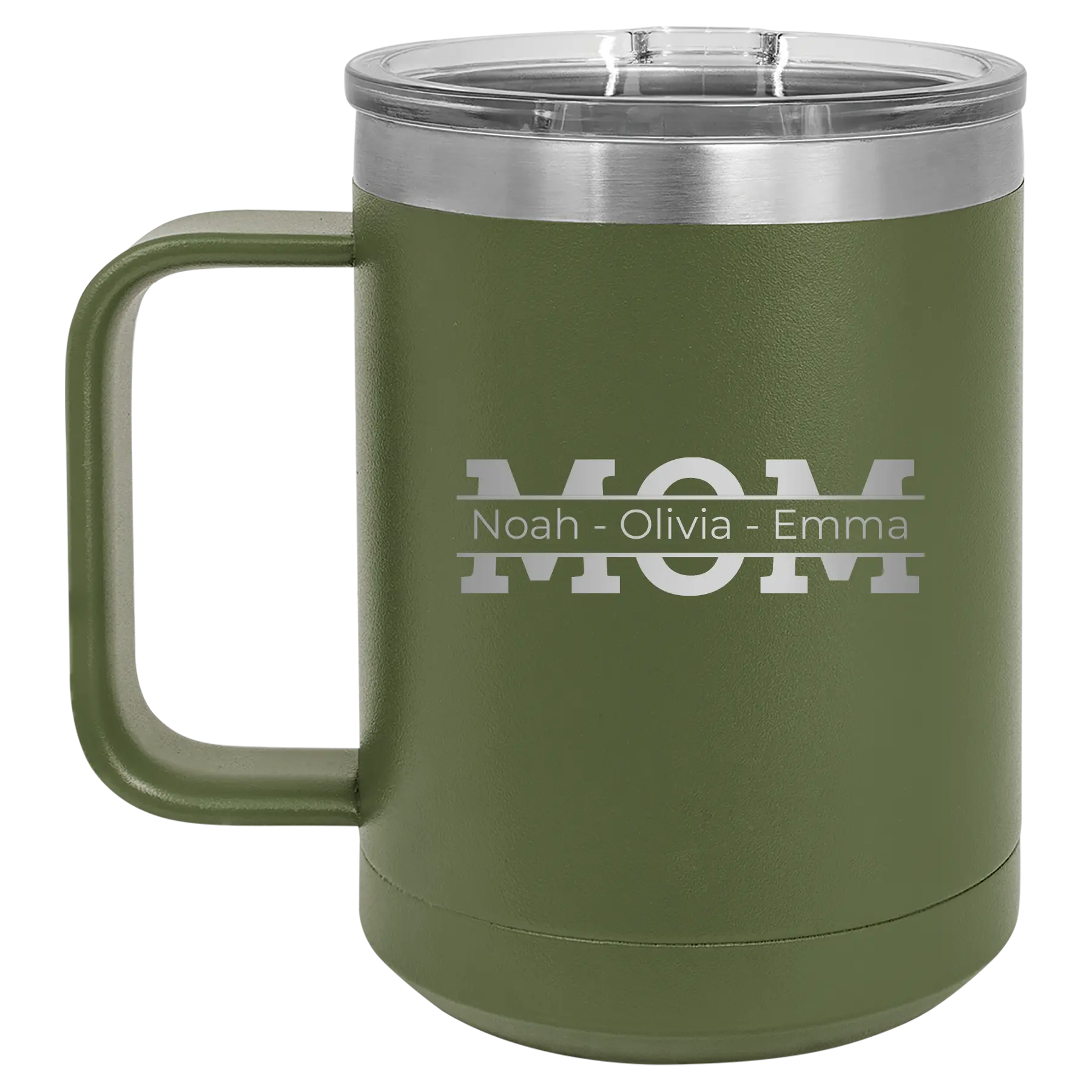 Personalized olive green 15 oz vacuum insulated coffee mug with 'Mom' design